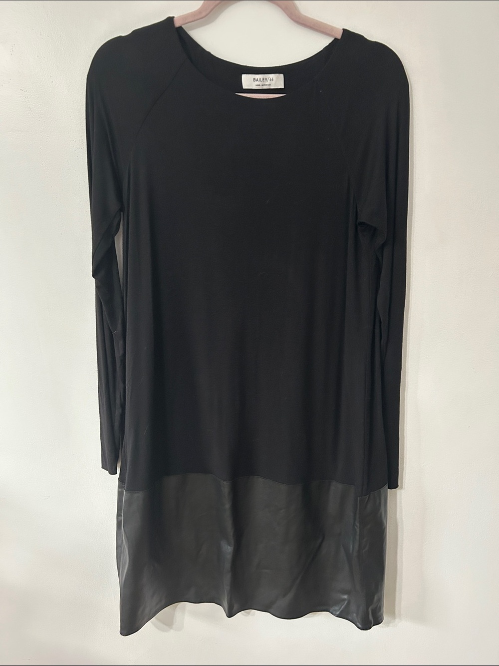 Bailey 44 Dress Black Large Long Sleeve Classic Minimalist with Faux Leather Hem